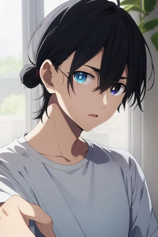 masterpiece, best quality, high quality, 1boy, solo, male focus, looking at viewer, upper body, <lora:ajiro_shinpei:0.78>, ajiro_shinpei, blue eyes, heterochromia,