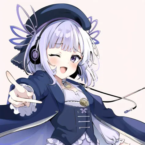 masterpiece, best quality, high quality,illustration,pixiv request, pixiv sample,
1girl,solo, <lora:luna:0.8> lu_na, hat, white thighhigh, white hair,short hair,headphone, <lora:Smug:0.9> ,sumg,open mouth,laughing, looking at viewer, pointing,