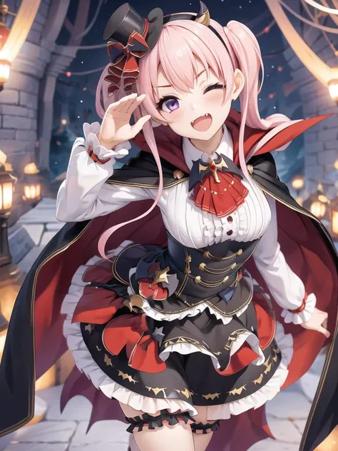 in night old castle, 1 girl, upper body, tsumugivamp, two-sided fabric, 1girl, two-sided cape, vampire costume, red cape, mini hat, pink hair, bangs, black cape, black headwear, purple eyes, skirt, twintails, red ascot, top hat, long hair, white shirt, mini top hat, fang, frills, black corset, frilled skirt, collared shirt, long sleeves, fake horns, (wink, closed one eye:1.2), hands back, open mouth, salute
<lora:025arteA5-5:1> <lora:tsumugianother:0.7> <lora:flat2:-0.3>