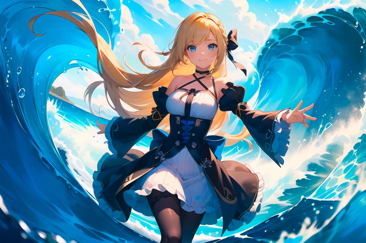 ultra detailed, masterpiece, best quality,
solo, cowboy shot, facing viewer, (straight-on:1.35), (reaching towards viewer:1.5), standing,
soft smile, light smile, head tilt, reaching, reaching out, open hand, extended arm, waves, in front of a big wave, tsunami, ocean, beach, partially submerged, multicolored background, colored water, partially submerged,
1girl, blue eyes, very long hair, blonde hair, long blonde hair, french braid, bangs, medium breasts,
hair ribbon, frilled choker, criss-cross halter, sleeveless dress, high-waist skirt, backless dress, waist bow, detached sleeves, frilled sleeves, wide sleeves, pantyhose, patterned legwear, mary janes,
kingdom hearts, white and blue clothes, keyblade, underwater,