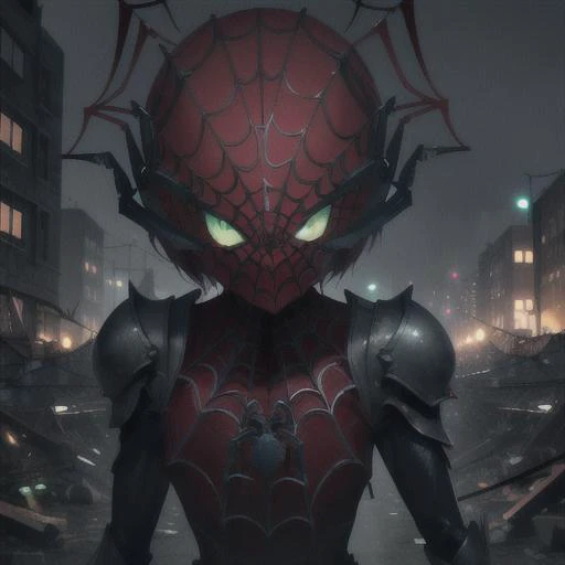 masterpiece, best quality, high quality background, closeup, walking throu dystopian city, (((ruins))), (((nighttime))), dark lighting, 1teenage girl, short hair, red hair, (((green eyes))), glowing eyes, crazy eyes, evil look, spiderlike armor, (((glowing armorpieces))), metal claws, (((spider net)))