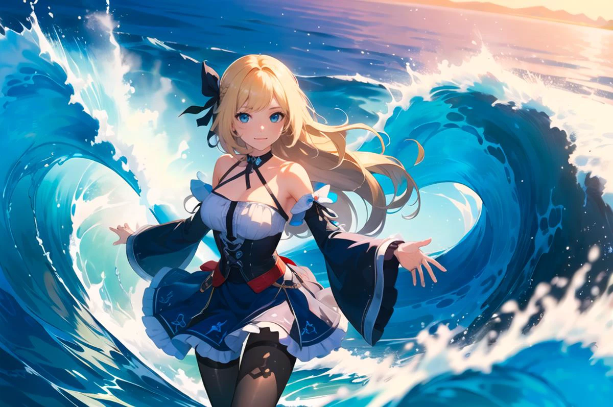 ultra detailed, masterpiece, best quality, volumetric lighting, hdr,
solo, cowboy shot, facing viewer, (straight-on:1.35), (reaching towards viewer:1.5), standing,
soft smile, light smile, head tilt, reaching, reaching out, open hand, extended arm, waves, in front of a big wave, tsunami, ocean, beach, partially submerged, multicolored background, colored water, partially submerged,
1girl, blue eyes, very long hair, blonde hair, long blonde hair, french braid, bangs, medium breasts,
hair ribbon, frilled choker, criss-cross halter, sleeveless dress, high-waist skirt, backless dress, waist bow, detached sleeves, frilled sleeves, wide sleeves, pantyhose, patterned legwear, mary janes,
kingdom hearts, white and blue clothes, keyblade, underwater,