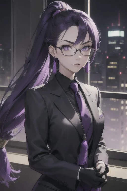 (masterpiece, best quality, perfect face, perfect eyes, detailed face, snake eyes:1.3), woman, snake lady, purple hair, neat hair, ponytail, purple gray eyes, (business suit, black suit, light purple shirt:1.2), purple tie, menacing, glasses, black gloves, (single earring, tassel earring, single tassel, purple tassel:1.2), office, windows, nightscape, night, city lights, skyscrapers, tilted head,