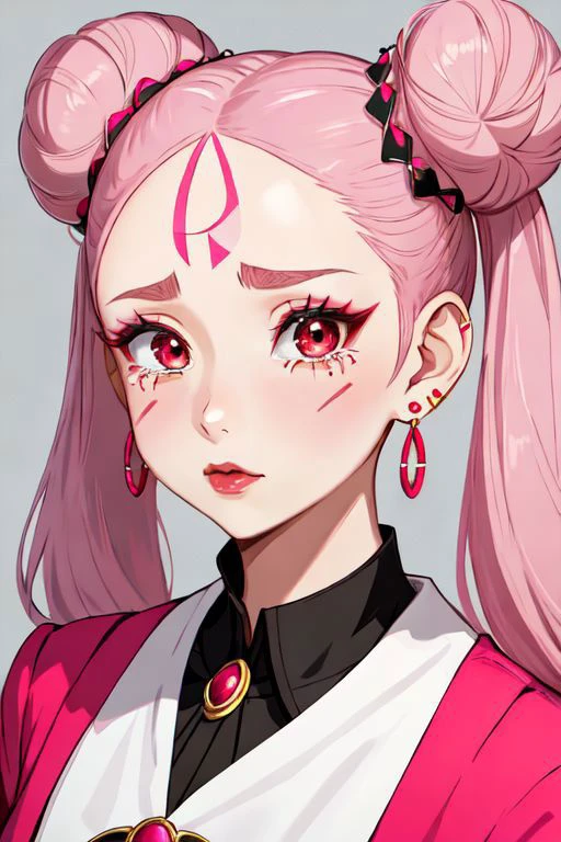 1girl, solo, red eyes, twintails, jewelry, pink hair, earrings, tears, hair bun, double bun, makeup, facial mark, lipstick, crescent, portrait, forehead mark, cone hair bun, crescent facial mark, crystal earrings, pastel,