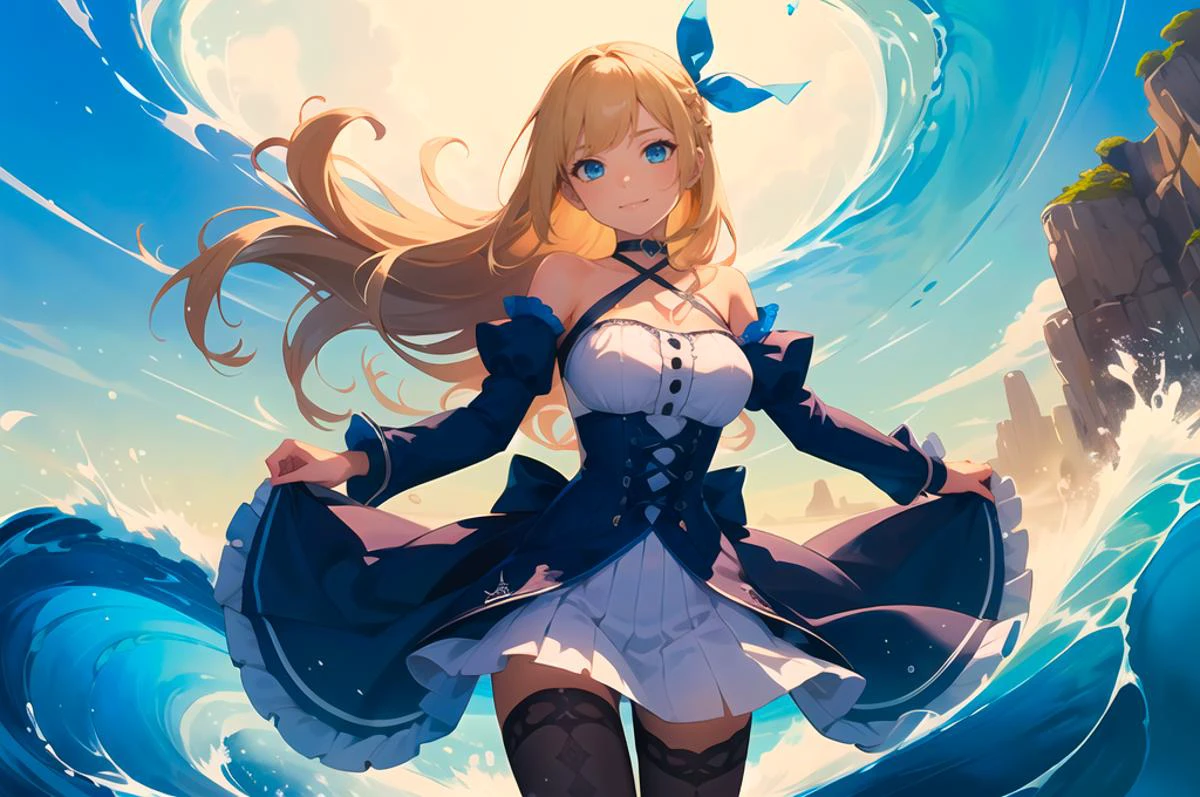 ultra detailed, masterpiece, best quality,
solo, cowboy shot, facing viewer, (straight-on:1.35), (reaching towards viewer:1.5), standing,
soft smile, light smile, head tilt, reaching, reaching out, open hand, extended arm, waves, in front of a big wave, tsunami, ocean, beach, partially submerged, multicolored background, colored water, partially submerged,
1girl, blue eyes, very long hair, blonde hair, long blonde hair, french braid, bangs, medium breasts,
hair ribbon, frilled choker, criss-cross halter, sleeveless dress, high-waist skirt, backless dress, waist bow, detached sleeves, frilled sleeves, wide sleeves, pantyhose, patterned legwear, mary janes,
kingdom hearts, white and blue clothes, keyblade, underwater,