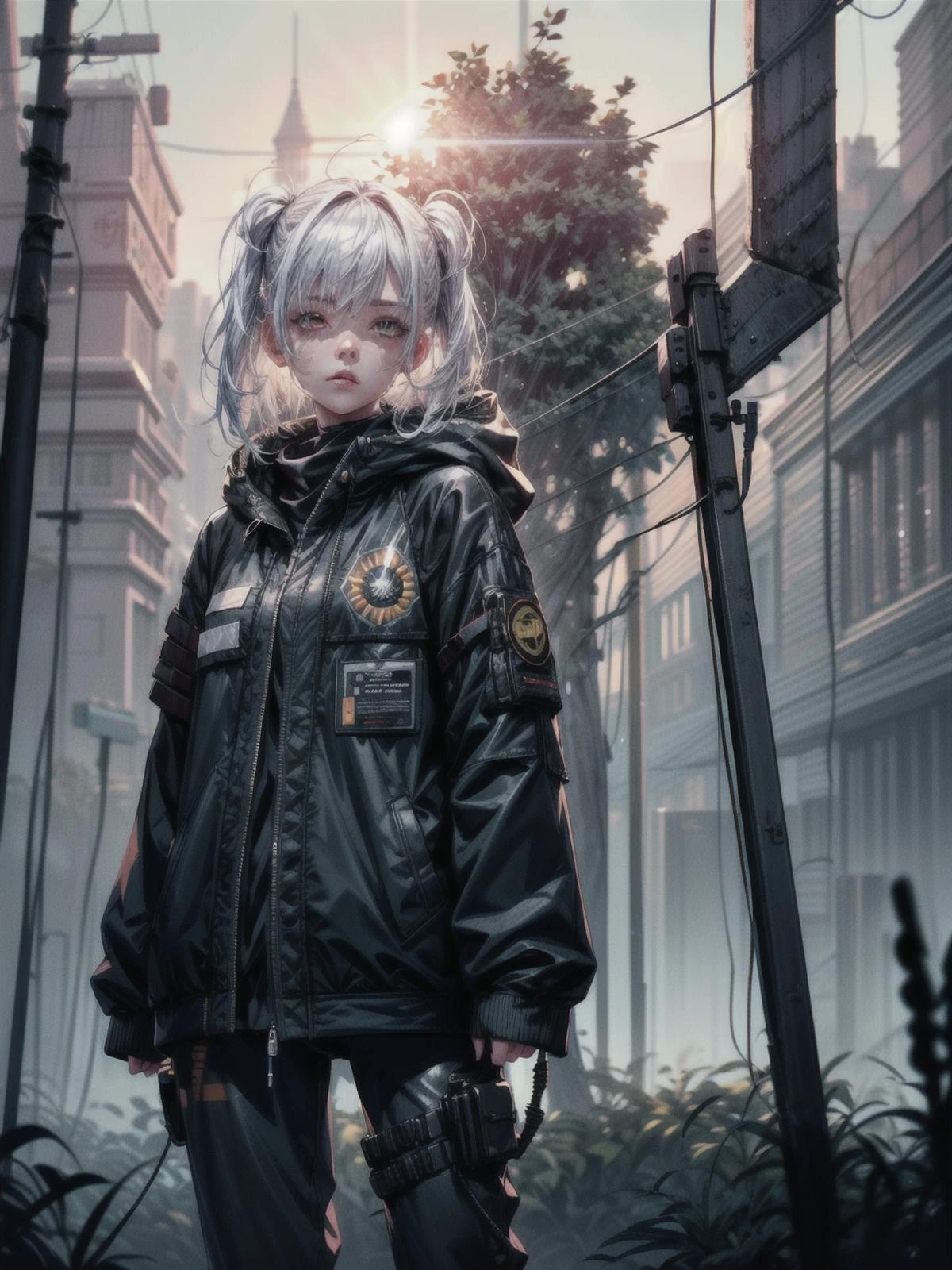 1girl, girl, white Hair, glowing red eyes, looking up at the sky, standing on the sidewalk in the rain, somber expression, fc portrait, full body, dramatic pose, wet, ground wet, colorful lights, sidewalk, city night lights, heavy rain, starring at the sky, ((techwear jacket, pants with buckle and tape, baggy clothes, oversized jacket, oversized hoodie, tactical vest, combat boots)), ((mechanical vertebra attaching to back)), expressionless,(wires and cables attaching to head and body:1.5) HDR, High Dynamic Range, Ray Tracing, NVIDIA RTX, Super-Resolution, Unreal 5, Subsurface Scattering, PBR Texturing, Post-Processing, Anisotropic Filtering, Depth-Of-Field , Accurate Simulation Of Light-Material Interaction, Octane Render, Two-Tone Lighting, Low ISO, White Balance, Rule Of Thirds, Wide Aperture, 8K RAW, Efficient Sub-Pixel, Sub-Pixel Convolution, Luminescent Particles, Masterpiece, Best Quality, Extremely Detailed CG, Unity 8k Wallpaper, 3D, Cinematic Lighting, Lens Flare, <lora:add_detail:1>, detailed_background, dreamwave, calm, glow, glowing, mystical, magical, rim lighting, fantasy, sunbeam, soft lighting, glittering, god rays, sun beams, sun rays, sun through fog, sun through dust, fog, sks woman, park, benches, fountain, graves, run down destroyed playground, wires everywhere, wires, blur, blur background, bokeh, DOF, GPTS6 Hella-sthetic, reelmech, <lora:Niji:0.5>, <lora:urbansamuraiv3testing:1.2>, <lyco:Dreamwave v2L:0.1> <lora:nijiarmor:0.5> <lora:hairdetailer:1> <lora:shaded_v10:.5> <lyco:locon_billie_v1_from_v1_64_32:1.0> <lyco:GPTS6 Hella-sthetic_424353:0.5> <lora:reelmech1v2:1.2>