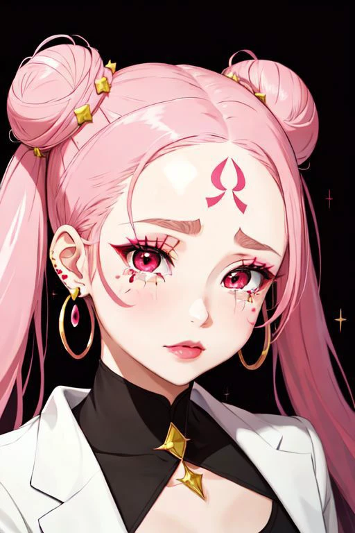 1girl, solo, red eyes, twintails, jewelry, pink hair, earrings, tears, hair bun, double bun, makeup, facial mark, lipstick, crescent, portrait, forehead mark, cone hair bun, crescent facial mark, crystal earrings, pastel,