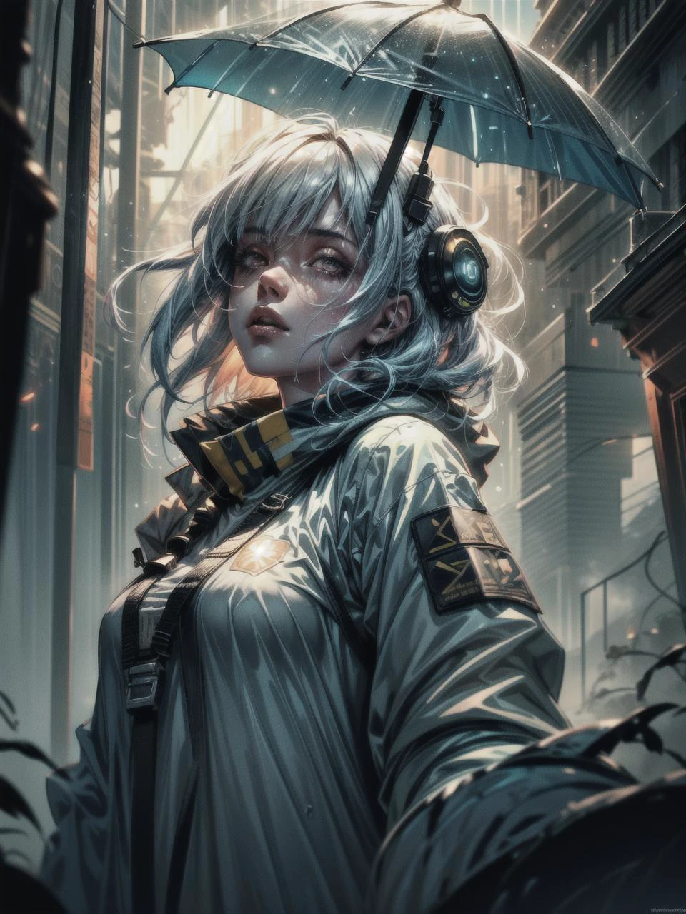 1girl, girl, Long white Hair, glowing red eyes, holding umbrella, looking up at the sky, standing on the sidewalk in the rain, somber expression, fcPortrait, from below, wet, ground wet, colorful lights, sidewalk, city night lights, heavy rain, starring at the sky, side view , techwear jacket, shorts, with buckle and tape, tactical vest, Thick Body, thick thighs, HDR, High Dynamic Range, Ray Tracing, NVIDIA RTX, Super-Resolution, Unreal 5, Subsurface Scattering, PBR Texturing, Post-Processing, Anisotropic Filtering, Depth-Of-Field ,Maximum Clarity And Sharpness, Multi-Layered Textures, Albedo And Specular Maps, Surface Shading, Accurate Simulation Of Light-Material Interaction, Octane Render, Two-Tone Lighting, Low ISO, White Balance, Rule Of Thirds, Wide Aperture, 8K RAW, Efficient Sub-Pixel, Sub-Pixel Convolution, Luminescent Particles, Masterpiece, Best Quality, Extremely Detailed CG, Unity 8k Wallpaper, 3D, Cinematic Lighting, Lens Flare, <lora:add_detail:1>, <lora:Niji:0.5>, <lora:urbansamuraiv3testing:1>, detailed_background, dreamwave, calm, glow, glowing, mystical, magical, rim lighting, fantasy, sunbeam, soft lighting, glittering, god rays, sun beams, sun rays, sun through fog, sun through dust, fog, sks woman, GPTS6 Hella-sthetic, <lyco:Dreamwave v2L:0.4> <lora:nijiarmor:0.5> <lora:hairdetailer:1> <lora:shaded_v10:.7> <lyco:locon_billie_v1_from_v1_64_32:1.0> <lyco:GPTS6 Hella-sthetic_424353:0.5>