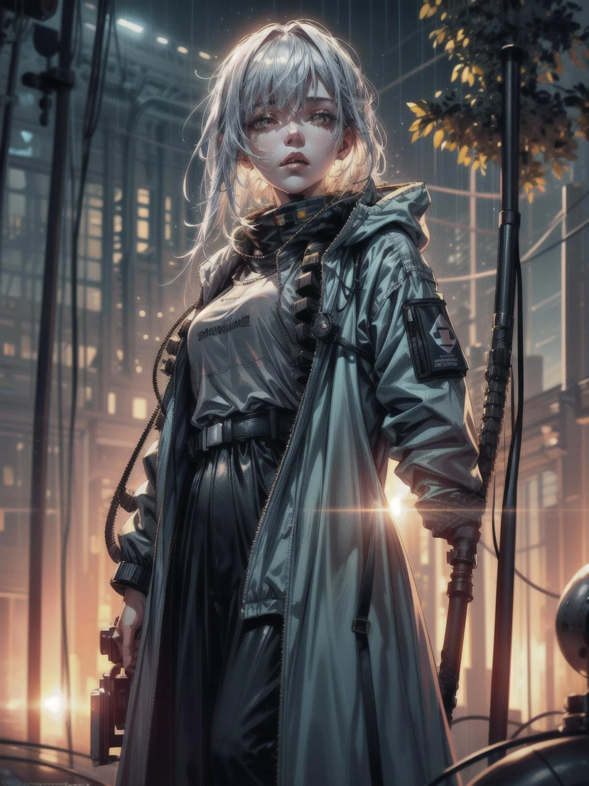 (mechanical parts:1.2) 1girl, girl, white Hair, glowing red eyes, looking up at the sky, standing on the sidewalk in the rain, somber expression, fc portrait, full body, dramatic pose, wet, ground wet, colorful lights, sidewalk, city night lights, heavy rain, starring at the sky, ((techwear jacket, pants with buckle and tape, baggy clothes, oversized jacket, oversized hoodie, tactical vest, combat boots)), ((mechanical vertebra attaching to back)), expressionless,(wires and cables attaching to head and body:1.5) HDR, High Dynamic Range, Ray Tracing, NVIDIA RTX, Super-Resolution, Unreal 5, Subsurface Scattering, PBR Texturing, Post-Processing, Anisotropic Filtering, Depth-Of-Field , Accurate Simulation Of Light-Material Interaction, Octane Render, Two-Tone Lighting, Low ISO, White Balance, Rule Of Thirds, Wide Aperture, 8K RAW, Efficient Sub-Pixel, Sub-Pixel Convolution, Luminescent Particles, Masterpiece, Best Quality, Extremely Detailed CG, Unity 8k Wallpaper, 3D, Cinematic Lighting, Lens Flare, <lora:add_detail:1>, detailed_background, dreamwave, calm, glow, glowing, mystical, magical, rim lighting, fantasy, sunbeam, soft lighting, glittering, god rays, sun beams, sun rays, sun through fog, sun through dust, fog, sks woman, park, benches, fountain, graves, run down destroyed playground, wires everywhere, wires, blur, blur background, bokeh, DOF, GPTS6 Hella-sthetic, reelmech, <lora:Niji:0.5>, <lora:urbansamuraiv3testing:.7>, <lyco:Dreamwave v2L:0.2> <lora:nijiarmor:0.5> <lora:hairdetailer:1> <lora:shaded_v10:.7> <lyco:locon_billie_v1_from_v1_64_32:1.0> <lyco:GPTS6 Hella-sthetic_424353:0.5> <lora:reelmech1v2:.7> <lora:LowRA:.5>