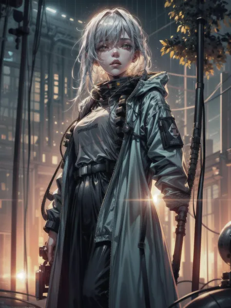 (mechanical parts:1.2) 1girl, girl, white Hair, glowing red eyes, looking up at the sky, standing on the sidewalk in the rain, somber expression, fc portrait, full body, dramatic pose, wet, ground wet, colorful lights, sidewalk, city night lights, heavy rain, starring at the sky, ((techwear jacket, pants with buckle and tape, baggy clothes, oversized jacket, oversized hoodie, tactical vest, combat boots)), ((mechanical vertebra attaching to back)), expressionless,(wires and cables attaching to head and body:1.5) HDR, High Dynamic Range, Ray Tracing, NVIDIA RTX, Super-Resolution, Unreal 5, Subsurface Scattering, PBR Texturing, Post-Processing, Anisotropic Filtering, Depth-Of-Field , Accurate Simulation Of Light-Material Interaction, Octane Render, Two-Tone Lighting, Low ISO, White Balance, Rule Of Thirds, Wide Aperture, 8K RAW, Efficient Sub-Pixel, Sub-Pixel Convolution, Luminescent Particles, Masterpiece, Best Quality, Extremely Detailed CG, Unity 8k Wallpaper, 3D, Cinematic Lighting, Lens Flare,  <lora:add_detail:1>, detailed_background, dreamwave, calm, glow, glowing, mystical, magical, rim lighting, fantasy, sunbeam, soft lighting, glittering, god rays, sun beams, sun rays, sun through fog, sun through dust, fog, sks woman, park, benches, fountain, graves, run down destroyed playground, wires everywhere, wires, blur, blur background, bokeh, DOF, GPTS6 Hella-sthetic, reelmech, <lora:Niji:0.5>, <lora:urbansamuraiv3testing:.7>,  <lyco:Dreamwave v2L:0.2> <lora:nijiarmor:0.5> <lora:hairdetailer:1>  <lora:shaded_v10:.7> <lyco:locon_billie_v1_from_v1_64_32:1.0> <lyco:GPTS6 Hella-sthetic_424353:0.5>  <lora:reelmech1v2:.7>  <lora:LowRA:.5>