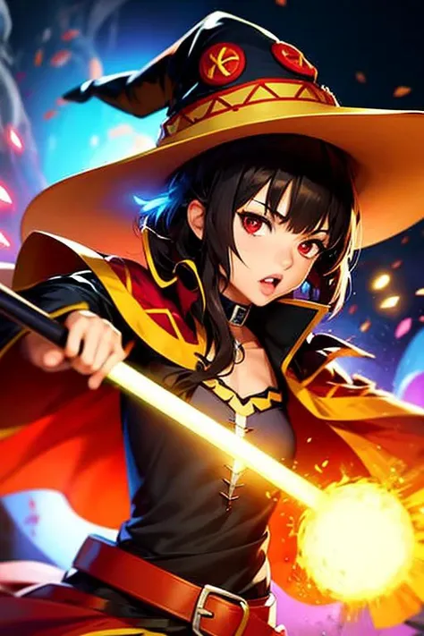 explosionmagic , smoke, glowing aura , excessive energy, magic circles , beam from the sky , casting a spell, <lora:St_Megumin:0.8>, Huihui, 1girl, hat, megumin, solo, witch hat, red eyes, cape, black hair, short hair, short hair with long locks, choker, collar , red outfit , holding staff, mage staff,<lora:FJ6-06:1> , FJ6, realistic, black hair, brown eyes,