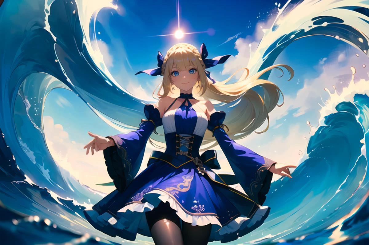 ultra detailed, masterpiece, best quality,
solo, cowboy shot, facing viewer, (straight-on:1.35), (reaching towards viewer:1.5), standing,
soft smile, light smile, head tilt, reaching, reaching out, open hand, extended arm, waves, in front of a big wave, tsunami, ocean, beach, partially submerged, multicolored background, colored water, partially submerged,
1girl, blue eyes, very long hair, blonde hair, long blonde hair, french braid, bangs, medium breasts,
hair ribbon, frilled choker, criss-cross halter, sleeveless dress, high-waist skirt, backless dress, waist bow, detached sleeves, frilled sleeves, wide sleeves, pantyhose, patterned legwear, mary janes,
kingdom hearts,