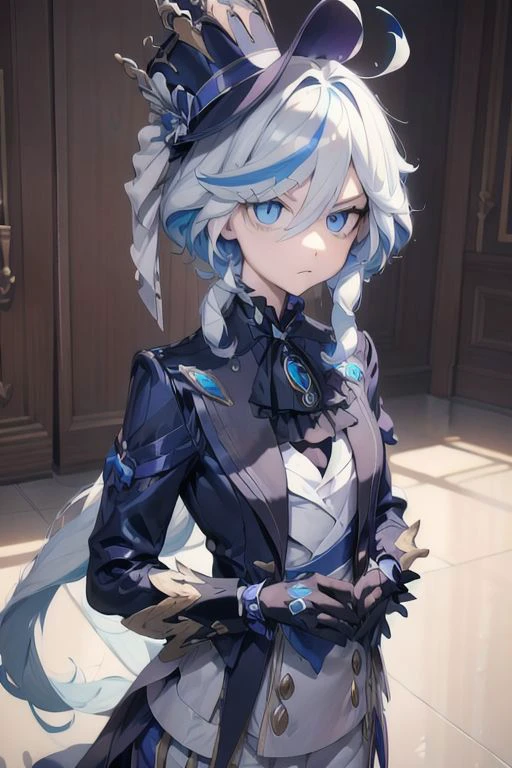 (Masterpiece, best quality), Furina, blue eyes, mismatched pupils, drop-shaped pupils, hair between eyes, white hair, blue hair, multicolored hair, long hair, streaked hair, hat, blue headwear, jacket, gloves, black gloves, white gloves, mismatched gloves, (AGGA_ST012, disdainful eyes:1.3), pout,