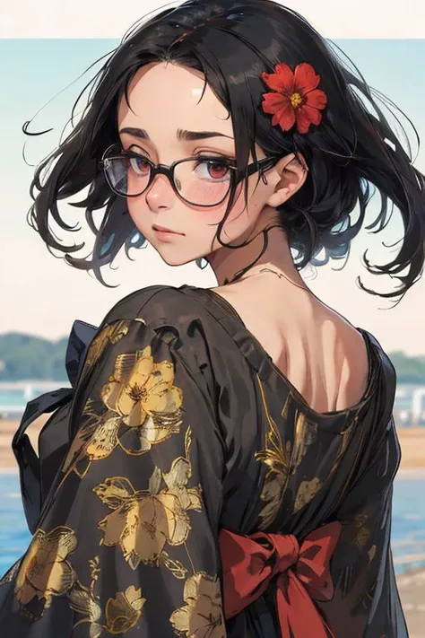 (8k, RAW photo, highest quality, detailed face), (tall girl standing in a scenic seaside parking lot, sunny day, scenic, windy, girl looking back over her shoulder), (long windswept black hair, wearing glasses with thin frames, flower patterned sun dress, demure expression), 35mm photograph, bokeh, highly detailed, high detail, sharp focus, sun illuminating mist