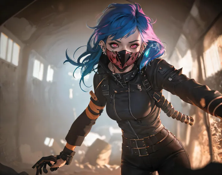 1girl, jacket, black pants, dirty, cinders, bloom, black hair, somber expression, blood, underground tunel, pink eyes, metal spikes, leather face mask, pale skin, vibrant blue hair, piercings, (ruffles,)
Depth-Of-Field, bokeh, DOF, HDR, High Dynamic Range, Subsurface Scattering, Post-Processing, Anisotropic Filtering, Octane Render, Masterpiece, Best Quality, Extremely Detailed CG, Unity 8k Wallpaper, 3D, detailed background, mystical,