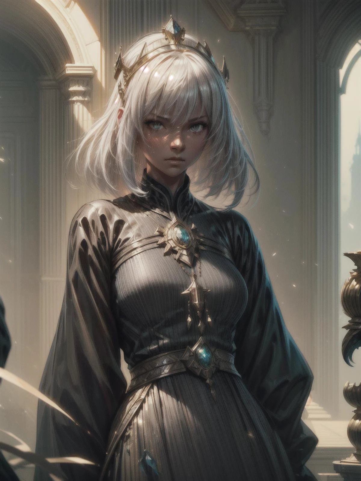 modelshoot style, (extremely detailed CG unity 8k wallpaper), full shot body photo of the most beautiful artwork in the world, medieval queen, green vale, dark skin, black woman, white hair, golden crown, diamonds, medieval architecture, radiant, holy, moody lighting, tranquil, calm, glow, glowing, mystical, magical, rim lighting, fantasy, sunbeam, soft lighting, sparkle, glittering, Atey Ghailan, Studio Ghibli, by Jeremy Mann, Greg Manchess, Antonio Moro, trending on ArtStation, trending on CGSociety, Intricate, High Detail, Sharp focus, dramatic, photorealistic art by midjourney and greg rutkowski <lora:add_detail:1> <lora:hairdetailer:1> <lyco:GoodHands-beta2:1.0> <lyco:GPTS1 lite:0.4>