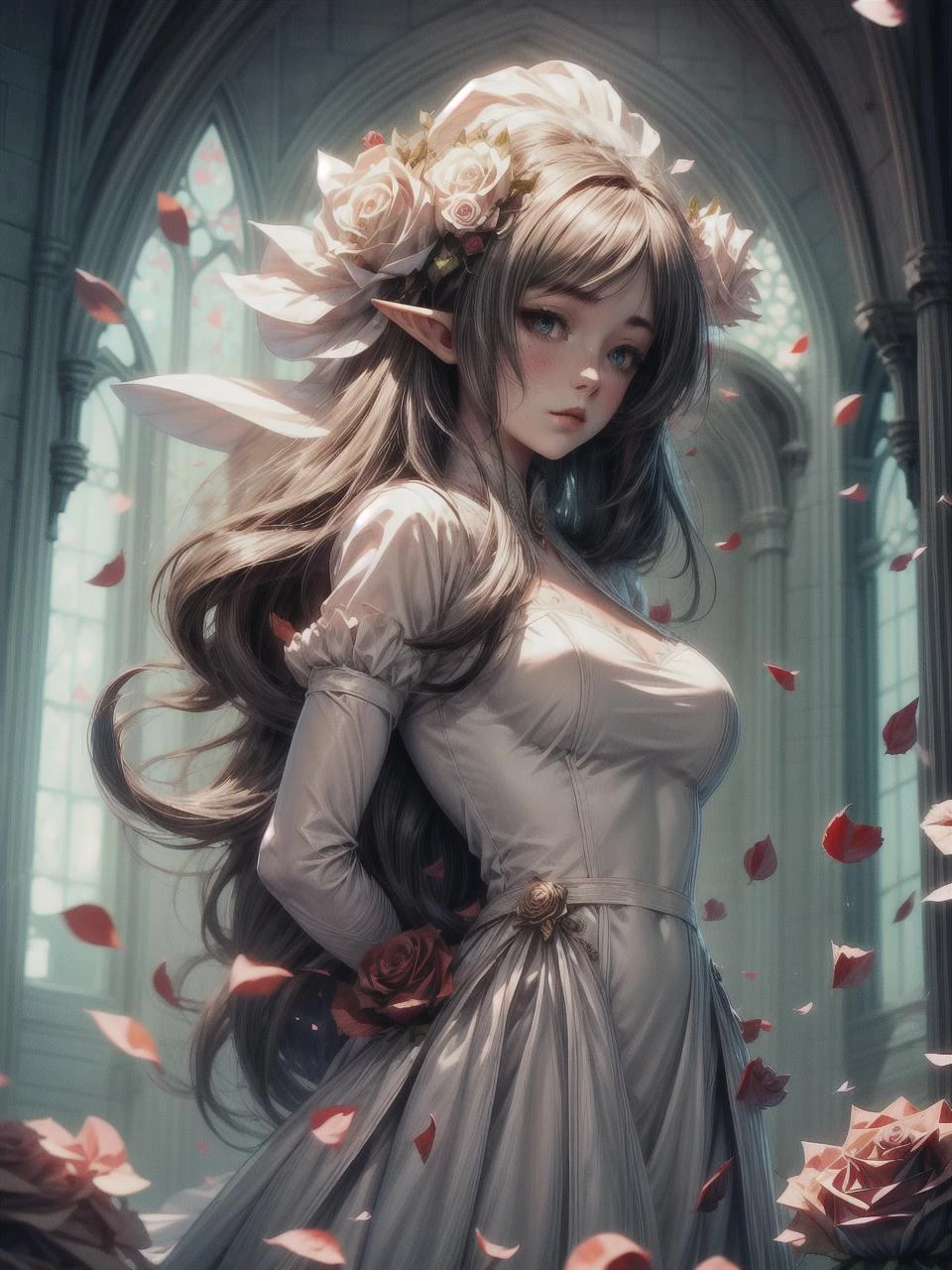 masterpiece, best quality, 1girl, elf bride, white flowing bridal dress, (rose petals:1.3), church, sunbeam, volumetric lighting, (from above:0.8) <lora:add_detail:1> <lora:hairdetailer:1> <lyco:GoodHands-beta2:1.0> <lyco:GPTS1 lite:0.6>