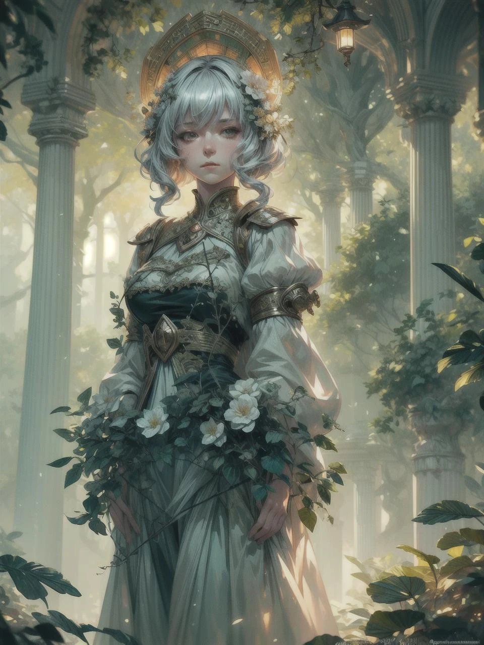 (masterpiece, best quality, highly detailed, intricate), a walkway in a garden with lots of green plants and trees on either side of it and a lantern hanging from the ceiling, Florence Engelbach, tone mapping, a flemish Baroque, german romanticism, cinematic composition, beautiful lighting, dreamwave, moody lighting, tranquil, calm, glow, glowing, mystical, magical, rim lighting, fantasy, sunbeam, soft lighting, sparkle, glittering, 8k, cgi, unreal engine, unity engine, 4k, intricate detail, extreme detailed, detailed background, intricate background, <lora:add_detail:1> <lora:Inception-V1:0.5> <lyco:GPTS1 lite:0.7>