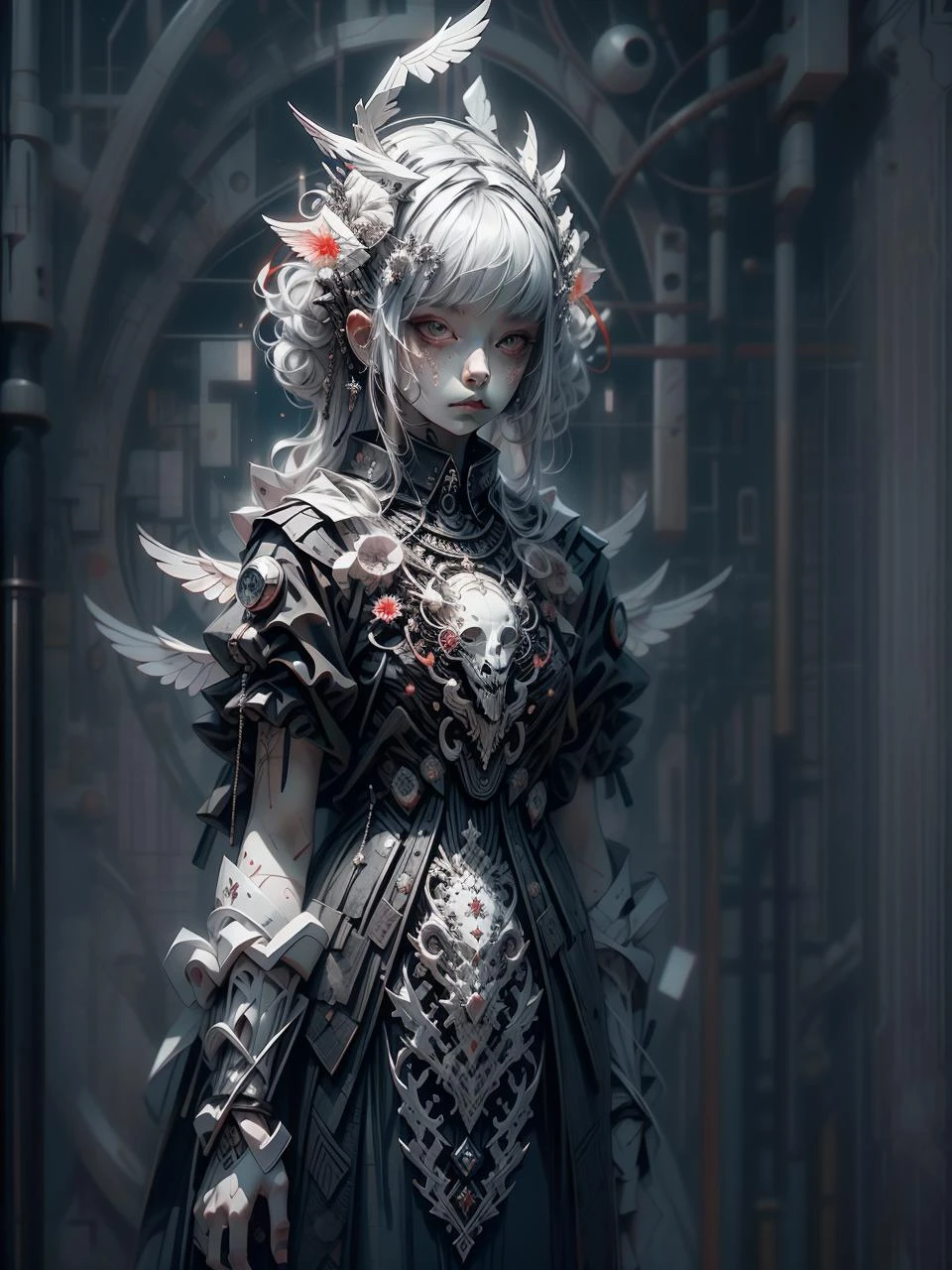 absurdres,((masterpiece)),solo, upper body, beautiful hand,(dead angel(black and white and red,innocent,beautiful,mystical,intricate,detailed)),she is walking on the black ocean,colorful refraction,surreal,intricate,blue sky <lora:add_detail:1> <lyco:GoodHands-beta2:1.0> <lora:LowRA:.3> <lyco:GPTS1 lite:1.0> <lora:add_detail:1> <lyco:GoodHands-beta2:1.0> <lora:epi_noiseoffset2:1>