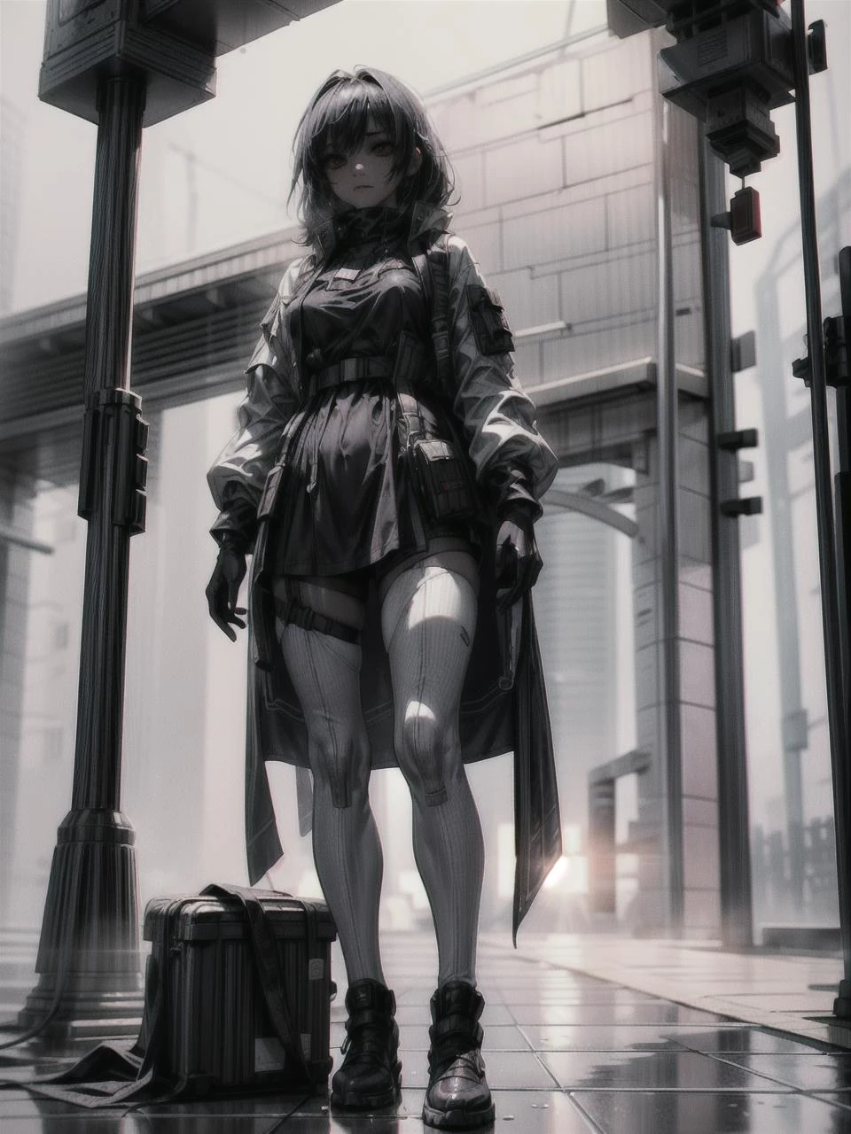 1girl, girl, Long white Hair, red eyes, looking up at the sky, standing on the sidewalk in the rain, somber expression, fcPortrait, from below, wet, ground wet, colorful lights, sidewalk, city night lights, heavy rain, starring at the sky, side view , techwear jacket, shorts, with buckle and tape, tactical vest, Thick Body, thick thighs, HDR, High Dynamic Range, Ray Tracing, NVIDIA RTX, Super-Resolution, Unreal 5, Subsurface Scattering, PBR Texturing, Post-Processing, Anisotropic Filtering, Depth-Of-Field ,Maximum Clarity And Sharpness, Multi-Layered Textures, Albedo And Specular Maps, Surface Shading, Accurate Simulation Of Light-Material Interaction, Octane Render, Two-Tone Lighting, Low ISO, White Balance, Rule Of Thirds, Wide Aperture, 8K RAW, Efficient Sub-Pixel, Sub-Pixel Convolution, Luminescent Particles, Masterpiece, Best Quality, Extremely Detailed CG, Unity 8k Wallpaper, 3D, Cinematic Lighting, Lens Flare, <lora:add_detail:1>, <lora:Niji:0.5>, <lora:urbansamuraiv3testing:0.5>, detailed_background, dreamwave, calm, glow, glowing, mystical, magical, rim lighting, fantasy, sunbeam, soft lighting, glittering, god rays, sun beams, sun rays, sun through fog, sun through dust, fog, sks woman, GPTS6 Hella-sthetic, <lyco:Dreamwave v2L:0.3> <lora:nijiarmor:0.5> <lora:hairdetailer:1> <lora:shaded_v10:1> <lyco:locon_billie_v1_from_v1_64_32:1.0> <lyco:GPTS6 Hella-sthetic_424353:0.5>