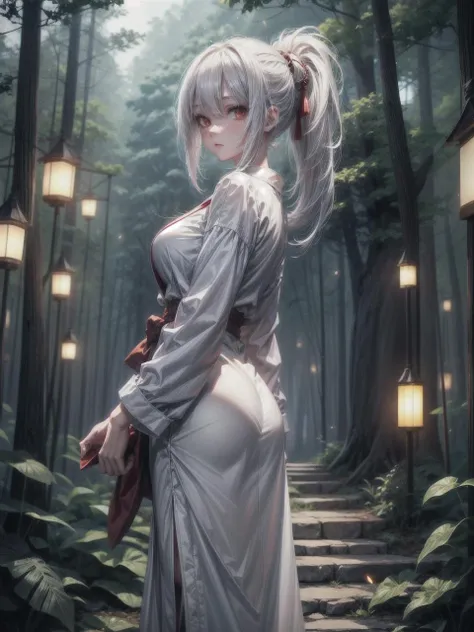 1girl, white hair, ponytail hair, red eyes, large breasts, casual outfit, forest, fireflies, night, happy, looking back, amazed, overlay, jppop art style, japanese style  <lora:add_detail:1>  <lora:hairdetailer:1>