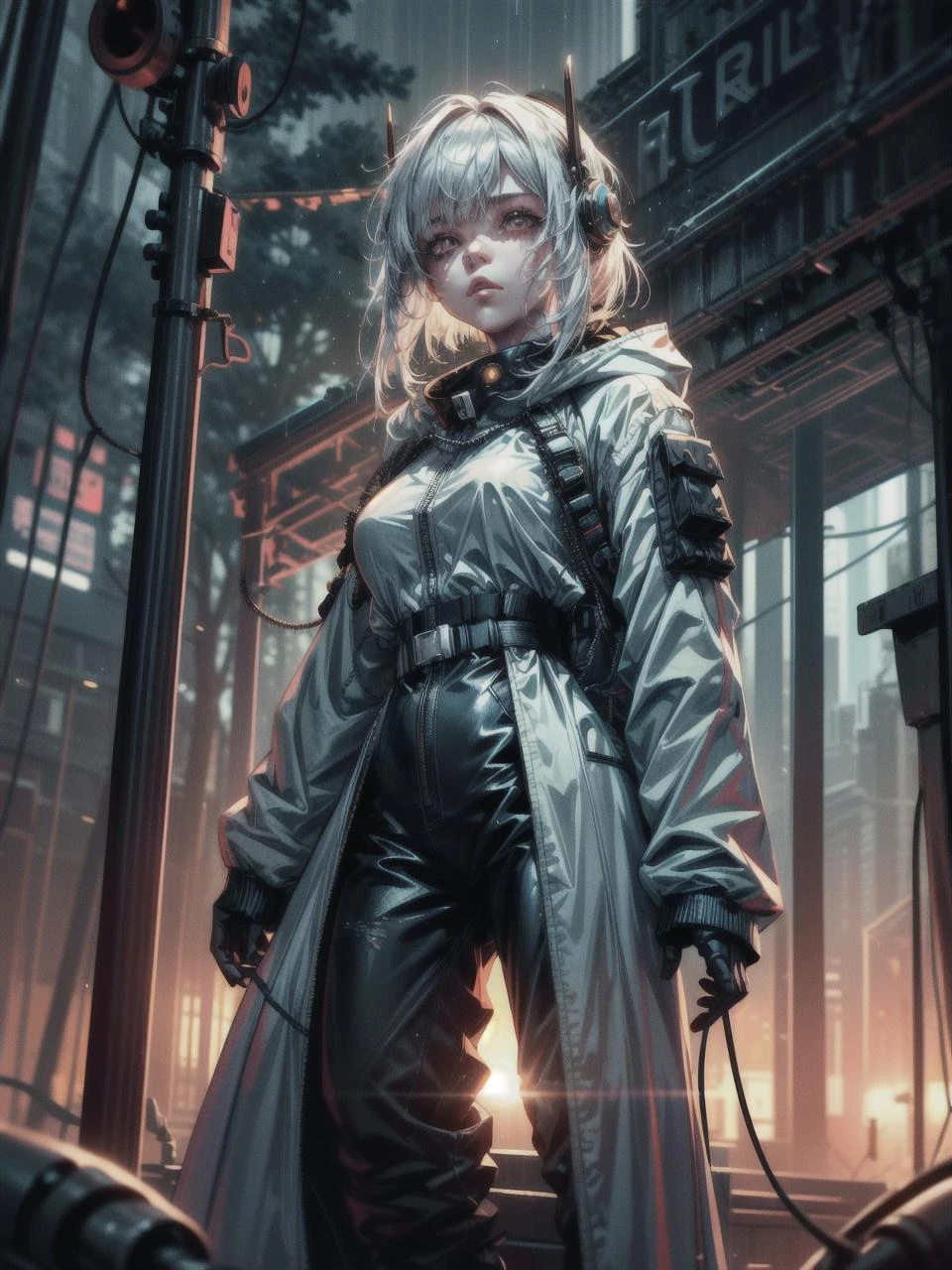 (mechanical parts:1.2) 1girl, girl, white Hair, glowing red eyes, looking up at the sky, standing on the sidewalk in the rain, somber expression, fc portrait, full body, dramatic pose, wet, ground wet, colorful lights, sidewalk, city night lights, heavy rain, starring at the sky, ((techwear jacket, pants with buckle and tape, baggy clothes, oversized jacket, oversized hoodie, tactical vest, combat boots)), ((mechanical vertebra attaching to back)), expressionless,(wires and cables attaching to head and body:1.5) HDR, High Dynamic Range, Ray Tracing, NVIDIA RTX, Super-Resolution, Unreal 5, Subsurface Scattering, PBR Texturing, Post-Processing, Anisotropic Filtering, Depth-Of-Field , Accurate Simulation Of Light-Material Interaction, Octane Render, Two-Tone Lighting, Low ISO, White Balance, Rule Of Thirds, Wide Aperture, 8K RAW, Efficient Sub-Pixel, Sub-Pixel Convolution, Luminescent Particles, Masterpiece, Best Quality, Extremely Detailed CG, Unity 8k Wallpaper, 3D, Cinematic Lighting, Lens Flare, <lora:add_detail:1>, detailed_background, dreamwave, calm, glow, glowing, mystical, magical, rim lighting, fantasy, sunbeam, soft lighting, glittering, god rays, sun beams, sun rays, sun through fog, sun through dust, fog, sks woman, park, benches, fountain, graves, run down destroyed playground, wires everywhere, wires, blur, blur background, bokeh, DOF, GPTS6 Hella-sthetic, reelmech, <lora:Niji:0.5>, <lora:urbansamuraiv3testing:.7>, <lyco:Dreamwave v2L:0.2> <lora:nijiarmor:0.5> <lora:hairdetailer:1> <lora:shaded_v10:.7> <lyco:locon_billie_v1_from_v1_64_32:1.0> <lyco:GPTS6 Hella-sthetic_424353:0.5> <lora:reelmech1v2:.7> <lora:LowRA:.5>