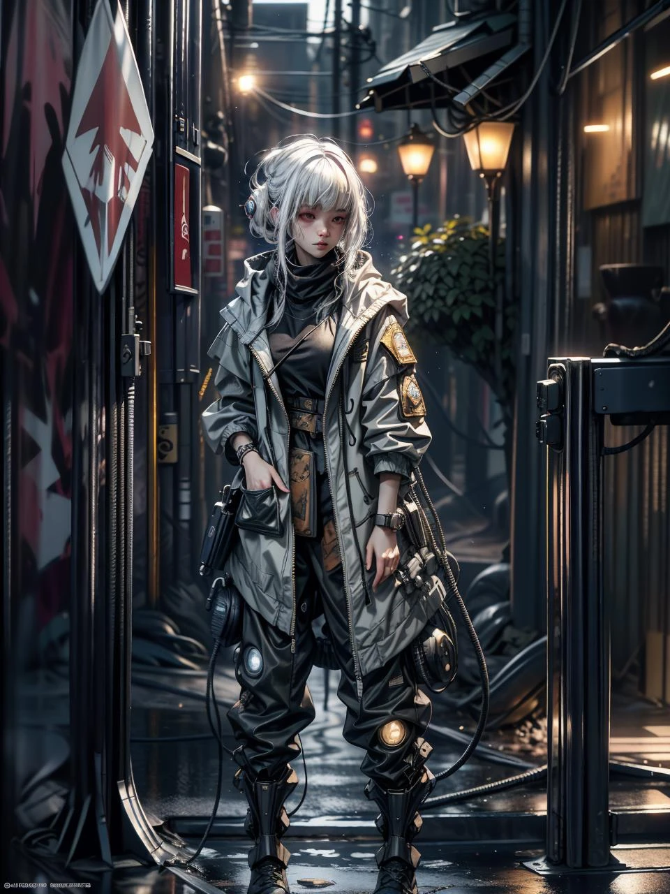 (mechanical parts:1.2) 1girl, white Hair, glowing red eyes, looking up at the sky, standing on the sidewalk in the rain, somber expression, fc portrait, full body, dramatic pose, wet, ground wet, colorful lights, sidewalk, city night lights, heavy rain, starring at the sky, ((techwear jacket, pants with buckle and tape, baggy clothes, oversized jacket, oversized hoodie, tactical vest, combat boots)), ((mechanical vertebra attaching to back)), expressionless,(wires and cables attaching to head and body:1.5) HDR, High Dynamic Range, Ray Tracing, NVIDIA RTX, Super-Resolution, Unreal 5, Subsurface Scattering, PBR Texturing, Post-Processing, Anisotropic Filtering, Depth-Of-Field , Accurate Simulation Of Light-Material Interaction, Octane Render, Two-Tone Lighting, Low ISO, White Balance, Rule Of Thirds, Wide Aperture, 8K RAW, Efficient Sub-Pixel, Sub-Pixel Convolution, Luminescent Particles, Masterpiece, Best Quality, Extremely Detailed CG, Unity 8k Wallpaper, 3D, Cinematic Lighting, Lens Flare, <lora:add_detail:1>, detailed_background, dreamwave, calm, glow, glowing, mystical, magical, rim lighting, fantasy, sunbeam, soft lighting, glittering, god rays, sun beams, sun rays, sun through fog, sun through dust, fog, sks woman, park, benches, fountain, graves, run down destroyed playground, wires everywhere, wires, blur, blur background, bokeh, DOF, GPTS6 Hella-sthetic, reelmech, <lora:Niji:0.5>, <lora:urbansamuraiv3testing:.7>, <lyco:Dreamwave v2L:0.2> <lora:nijiarmor:0.5> <lora:hairdetailer:1> <lora:shaded_v10:.7> <lyco:locon_billie_v1_from_v1_64_32:1.0> <lyco:GPTS6 Hella-sthetic_424353:0.5> <lora:reelmech1v2:.7> <lora:LowRA:.6>