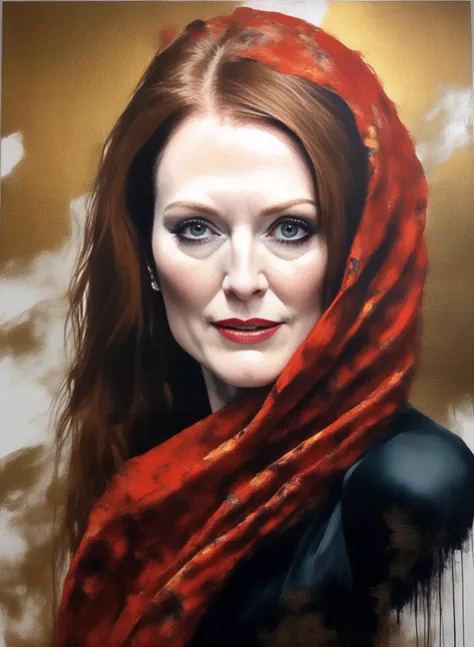 JulianneMoore,<lora:JulianneMooreSDXL:1>breathtaking portrait of a gorgeous girl, sultry, red scarf, dark gold and black, gossamer fabrics, jagged edges, eye-catching detail, insanely intricate, vibrant light and shadow , beauty, paintings on panel, textured background, captivating, stencil art, style of oil painting, modern ink, watercolor , brush strokes, negative white space