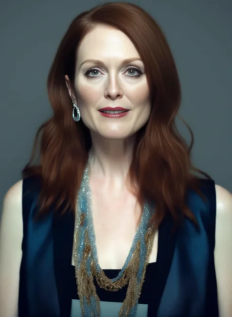 JulianneMoore,<lora:JulianneMooreSDXL:1>,Realistic photo of a beautiful woman, 1girl, solo, long hair, hat, jewelry, blue hair, jacket, multicolored hair, necklace, bracelet, lips, realistic, fashion, soft lighting, professional Photography, Photorealistic, detailed, RAW, analog, sharp focus, 8k, HD, DSLR, high quality, Fujifilm XT3, film grain, award winning, masterpiece
