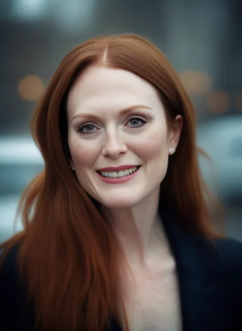 JulianneMoore,<lora:JulianneMooreSDXL:1>, cinematic photo (art by Mathias Goeritz:0.9) , photograph, Lush Girlfriend, looking at the camera smiling, Rich ginger hair, Winter, tilt shift, Horror, specular lighting, film grain, Samsung Galaxy, F/5, (cinematic still:1.2), freckles . 35mm photograph, film, bokeh, professional, 4k, highly detailed