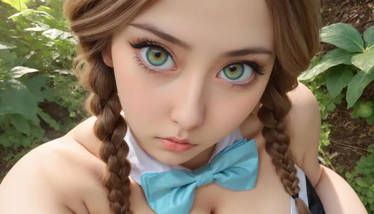 1girl, solo, from above, jungle, day, slouching, two-tone hair, long hair, side braid, aqua eyes, thick, tuxedo, bowtie, large breasts, wavy mouth, a society where people can control the elements, <lora:PerfectEyesXL:0.8>, green eyes, blue eyes, brown eyes, perfecteyes, very thin waist, <lora:bombshell_v1:0.4>,big boobs,slim body,, (8k, masterpiece, best quality, ultra-detailed), (an extremely delicate and beautiful)kawaii, cute, very big eyes, Aesthetic Anime Eyes, small face, large breasts, cinematic lighting, , Intricate, High Detail, Sharp focus, dramatic, masterpiece, best quality, ultra-detailed,