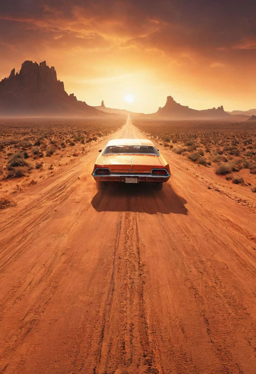 From behind, death proof cover art style, dystopian Desert Dune theme, Oldschool orange Desert Rock lowrider speeding away From atomic blast, flashlight, dust, weathered lonely dusty road, in translucent moody light, luminous digital letters starwars abyss devouring reality in the Background, dystopian Sci-fi Scene, ethereal, thermal, very detailed, HD,