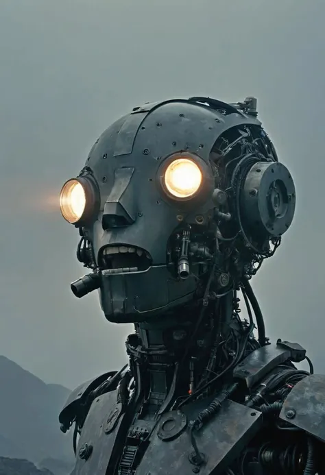 In a dystopian Mountain Landscape with dense haze and mist, a Silhouette of a neon-pastel scenery Installation by Ridley scott: like a dystopian explosion graphic but extreme detailed and beautiful - a sheme in Mist of luminous Disassembled into a myriad of sci-fi components, the Open mouth robotic head takes shape as a mere fragment of a Beautiful rusty gritty punk Cyborg profil begins to emerge,Flock of birds leaves Open mouth , . Among the intricate amalgamation of metals, plastics, precious alloys, glass, and contained plasma, a subtle hint of a screaming profil countenance starts to materialize a fragmented shouting visage that holds the promise of expression within its meticulously assembled chaos.
very detailed, hd, RAW photograph, masterpiece, top quality, best quality, official art,highest detailed, atmospheric lighting, cinematic composition, complex multiple subjects, 4k HDR, vibrant, highly detailed, Leica Q2 with Summilux 35mm f/1.2 ASPH, Ultra High Resolution, wallpaper, 8K, Rich texture details, hyper detailed, detailed eyes, detailed background, dramatic angle, epic composition, high quality , (8k, RAW photo, highest quality), hyperrealistic,