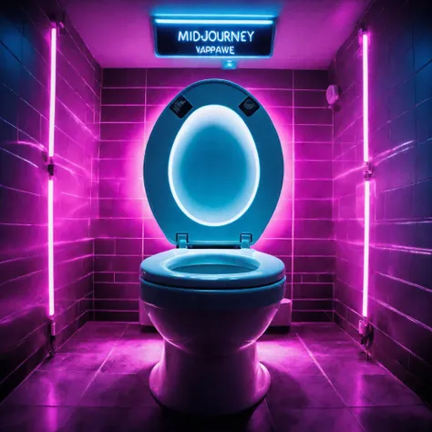 Futuristic Robotic (((Toilet))) under a spotlight, elevated on stage, ((the manufacturor's name emblazoned on the side with text "Midjourney" on the toilet lid in a modern font)), (((excessive detail))), indicators, lights, (((vaporwave))), (((mini LED lights))), foggy haze in the air with strobes and lasers illuminating it, neon lights, HDR, Photo-reallistic, photography, bokeh, best quality