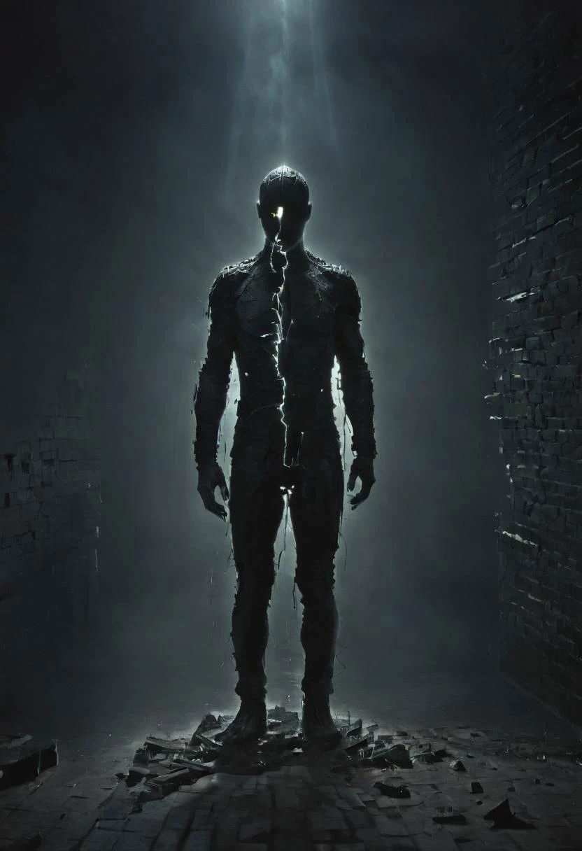 Immerse the long lineal way to a observer in a dark dystopian world as a humanoid figure, crafted from bricks as black as obsidian, crumbles and disintegrates in the eerie glow of smartphone screens. Envision a desolate atmosphere with black bricks blending into the shadows, illuminated only by the haunting glow of various smartphone displays. The play of neon lights and shadows accentuates the intricate details of the deteriorating brick structure. This poignant composition weaves a visual tale of a once-sturdy creation succumbing to the relentless march of time in a futuristic, dystopian setting. Invite viewers to ponder the transient nature of existence amidst the haunting allure of decay in this shadowy, cybernetic realm.
very detailed, hd, RAW photograph, masterpiece, top quality, best quality, official art,highest detailed, atmospheric lighting, cinematic composition, complex multiple subjects, 4k HDR, vibrant, highly detailed, Leica Q2 with Summilux 35mm f/1.2 ASPH, Ultra High Resolution, wallpaper, 8K, Rich texture details, hyper detailed, detailed eyes, detailed background, dramatic angle, epic composition, high quality , (8k, RAW photo, highest quality), hyperrealistic,