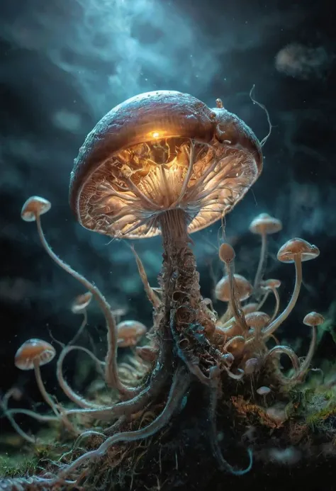 Capture the ethereal beauty of a nano Magic mushroom with nano Bio engineered hr giger Like luminous implants through the lens of macro photography in sideview,
very detailed, hd, RAW photograph, masterpiece, top quality, best quality, official art,highest detailed, atmospheric lighting, cinematic composition, complex multiple subjects, 4k HDR, vibrant, highly detailed, Leica Q2 with Summilux 35mm f/1.2 ASPH, Ultra High Resolution, wallpaper, 8K, Rich texture details, hyper detailed, detailed eyes, detailed background, dramatic angle, epic composition, high quality , (8k, RAW photo, highest quality), hyperrealistic,