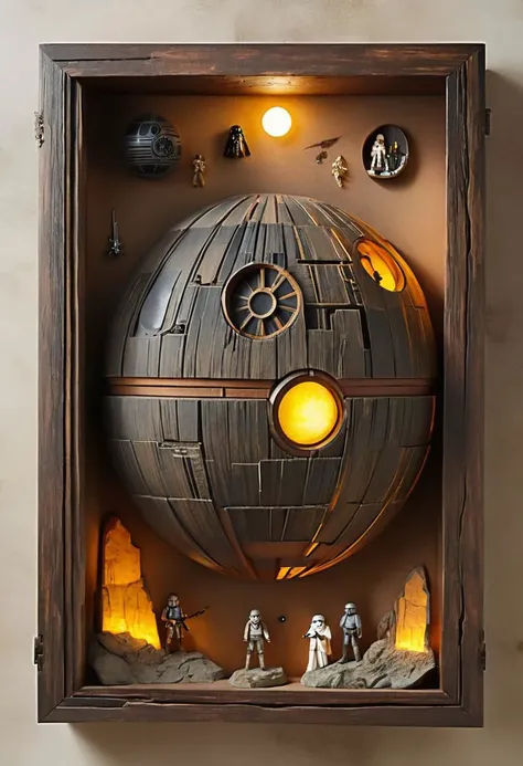 Craft a mystically weathered wooden shadow box By night, aged by time and adorned with the enigmatic allure of plastic Stone and wooden StarWars figures. Imperial Death Star themed, Immerse yourself in the ancient whispers of the past as you arrange these epic creations, weaving a tale of time-worn charm within the timeworn confines of the shadow box. In a DARK and foggy room