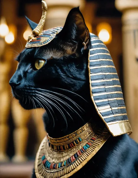 RAW photo, animal, a portrait photo of a woman:black_cat humanoid in Egyptian clothes, very detailed, Egyptian head-dress, background inside temple, 1/4 profile, full body shot, 8k uhd, dslr, soft lighting, high quality, film grain, Fujifilm XT3