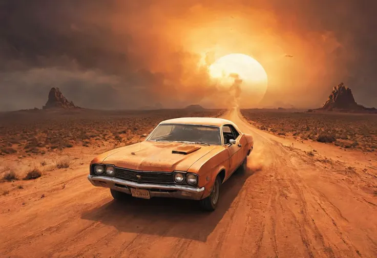 From behind, death proof cover art style, dystopian Desert Dune theme, Oldschool orange Desert Rock lowrider speeding away From atomic blast, flashlight, dust, weathered lonely dusty road, in translucent moody light, luminous digital letters starwars abyss devouring reality in the Background, dystopian Sci-fi Scene, ethereal, thermal, very detailed, HD,
