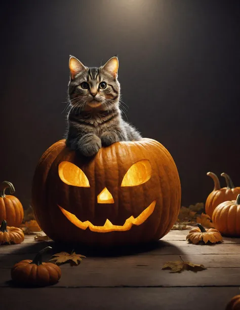 Masterful Photorealistic full body photo of a cute cat in pumpkin hallowing illustration,, detailed photorealistic skin texture, lighting is cinematic, fantastical and intense, (shadows are realistic and accurate, quality of the photo is 8k ultra HD, image is sharp and clear)