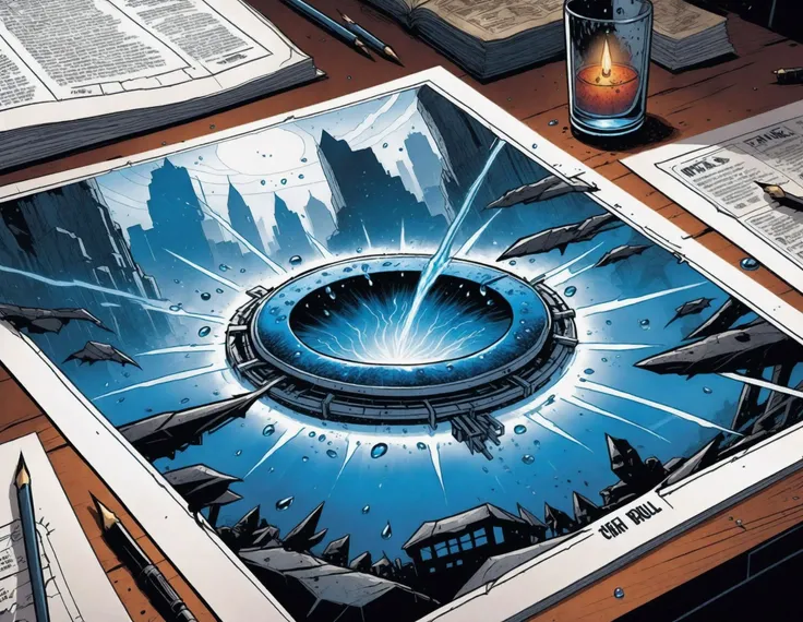 comic book art of After the rain falls, a miniature raindrop is filled with the blueprints to make an entire new world, a cosmic scene that is upset by a horde of angry devil robots who crawl in from the edges of the image. photorealistic. extreme realism. anger and mist rule the horde. . graphic illustration, comic art, graphic novel art, vibrant, highly detailed, comic art, graphic novel illustration