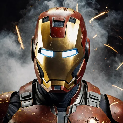 UHD, 4k, ultra detailed, cinematic, a photograph of (raw photo:1.5), (realistic:1.5), (portrait:1.5), ironman superhero marvel, (red and gold armor), (high detailed:1.75), (realistic:1.75), (scratches, rust, dust, scratched helmet:1.5), (electric sparks, smoke:1.5), (damaged:1.25), dark room, dramatic light, soft light, dark atmosphere, black background, epic, beautiful lighting, inpsiring