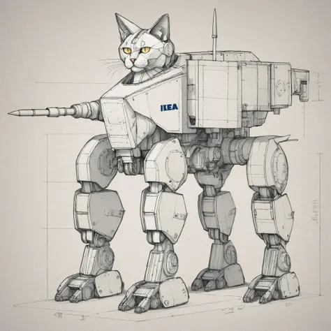shemetric drawing of a ikea (mech:1.1) cat, sharp edges, mounted rocket launcher, armor