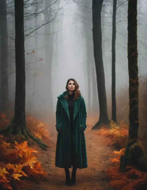 a beautiful woman, Cozy Autumn themed Forest, dense trees, dark forest, thick ground fog, nature, fall decor, Autumn elements