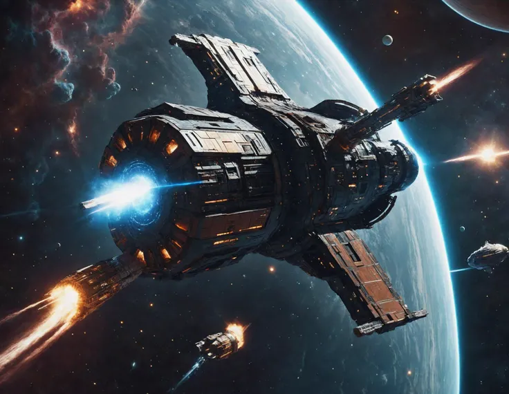 Space-themed, Hyperrealistic art spaceship in space ,16k, (photorealistic) (max detailed)cinematography, cinematic film, IMAX, 32k, UHD, HDR, low aperture (f1.2), cinematic color grade, dramatic lighting, award winning photography art by Atelier Olschinsky . Extremely high-resolution details, photographic, realism pushed to extreme, fine texture, incredibly lifelike, Cosmic, celestial, stars, galaxies, nebulas, planets, science fiction, highly detailed