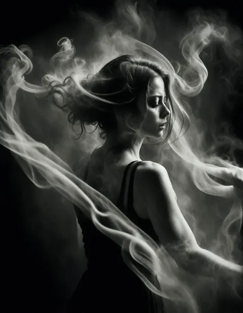 (chalkdust:1.2) Realistic photograph of a woman, face obscured by a curtain of smoke forming her hair, dark background, (smoke tendrils:1.3) curling and twisting in slow, (dancing:1.2) motions, (stark contrast:1.1) between the woman's form and the darkness, (monochrome:1.2) (high contrast:1.1) (fine detail:1.3) (high resolution:1.2)