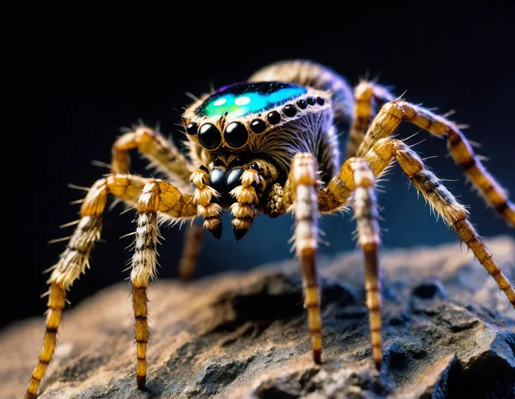 an image of the best quality showing extreme macro close-up side view photograph of a (wolf spider:1.2) on a rock, biomechanical (cyborg:1.1) enhancements, robotic animal, robot, beautiful, organic details, fine hair, focus stacking, iridescent, (mecha:0.7), holographic optics, dark background, in the style of macro photography, focus-stacking, studio photography, highly detailed, extreme realism, saturated colors, colorful, (metal gear solid:0.7), (tank:0.6), (weapon:0.7), many black eyes