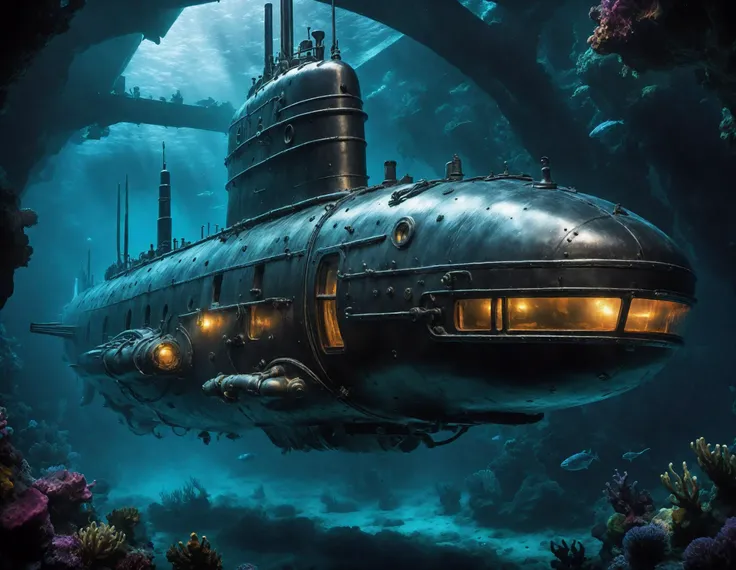 Steely explorer (submarine:1.2), navigating the inky depths, a realm alive with aquatic behemoths, (realistic photograph:1.2), (high resolution:1.1), (vibrant colors) (enigmatic atmosphere) (meticulous detail), (chiaroscuro:1.2)