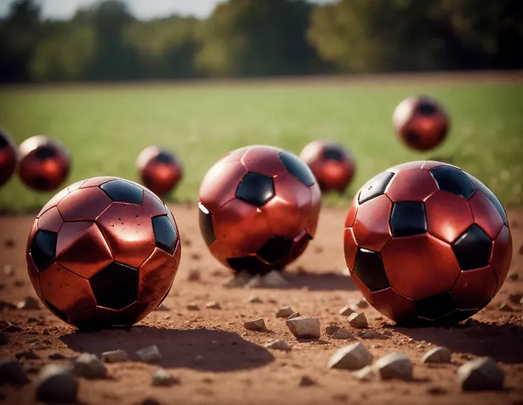 cinematic film still of Red metal devil droids play an aggressive game of soccer with planet earth, pieces of the earth/ball break into shards and fly off of it with great speed, small, isolated bits of motion blur. cinematic photography, realistic, shallow depth of field, vignette, highly detailed, high budget, bokeh, cinemascope, moody, epic, gorgeous, film grain, grainy