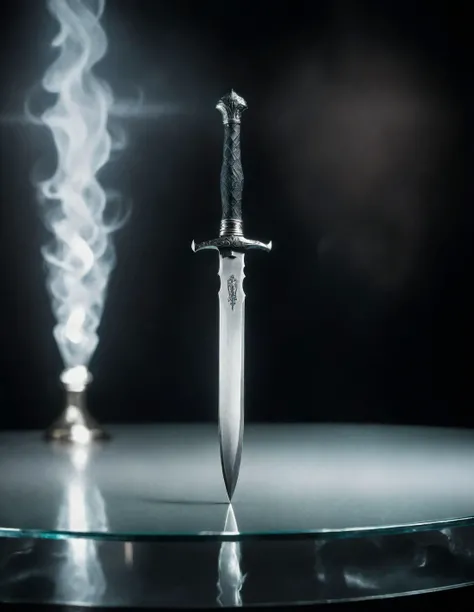 Table top photography, steel dagger sitting on a glass table, black colour background, long exposure photography, shallow depth of field, subject partly silhouette, black colour ambience